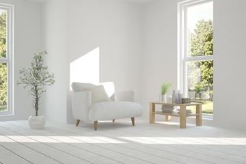 Idea of white room with armchair and summer landscape in window. Scandinavian interior design. 3D illustration