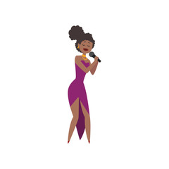 Obraz premium African American jazz singer, beautiful woman in purple dress singing into microphone vector Illustration