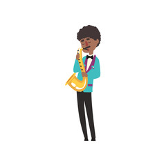 African American jazz musician wearing retro elegant suit playing saxophone vector Illustration