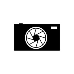 photography logo, black camera logo with lens at the middle and flash light at the coner, symbol camera, icon camera,simple camera logo, flat design