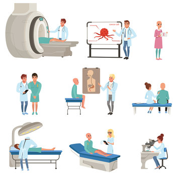 Medical diagnostic and treatment of cancer set, doctors, patients and equipment for oncology medicine vector Illustrations