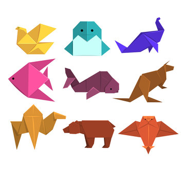 Animals origami set, animals and birds made of paper in origami technique vector Illustrations