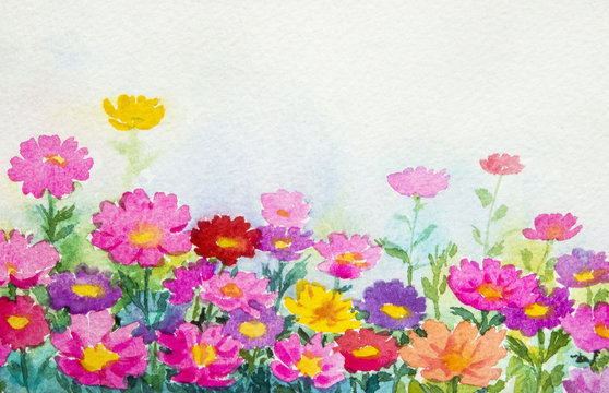 Painting watercolor landscape original colorful of daisy.