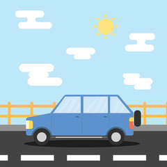 illustration car riding at bridge with sunny weather have cloud and sun, flat design