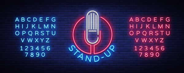 Comedy Show Stand Up invitation is a neon sign. Logo, Emblem Bright flyer, light poster, neon banner, night commercials advertisement, card, postcard. Vector illustration. Editing text neon sign