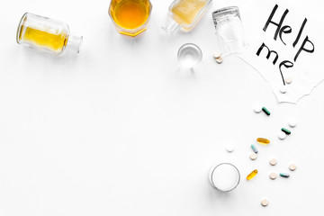 Alcohol abuse. Drunkennes. Words Help me near glasses and bottles on white background top view copy space