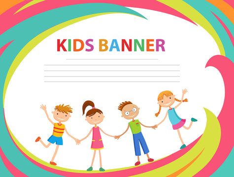 happy children run on the banner vector template colorful backround