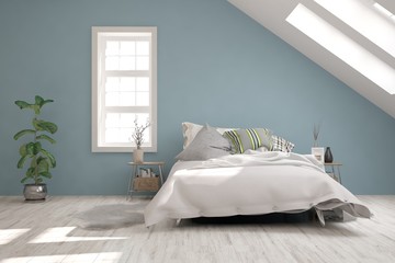 Idea of blue minimalist bedroom. Scandinavian interior design. 3D illustration