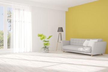 Idea of white room with sofa and summer landscape in window. Scandinavian interior design. 3D illustration