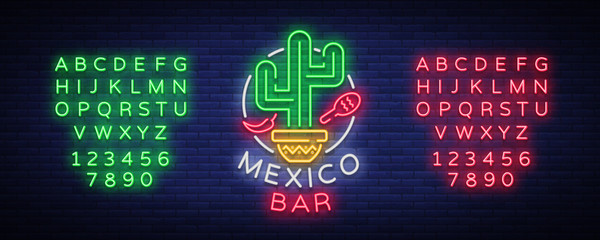 Mexican bar is a neon-style logo. Neon sign, design template on Mexican food. Bright glowing banner, nightlife advertisement, neon billboard. Vector illustration. Editing text neon sign