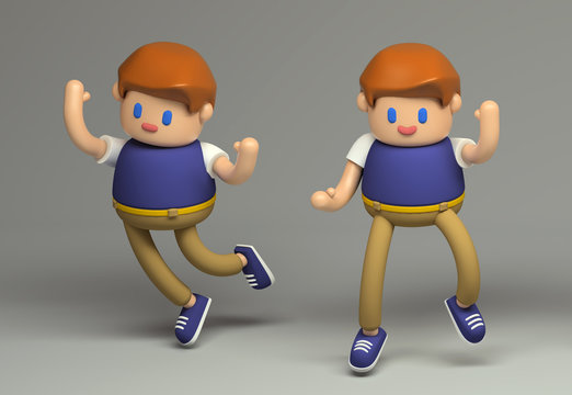 3d Bouncing and stumbling boy toy character. Little cute figure on a gray background  with realistic  shadows