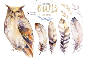 Rolgordijnen Aquarel uil met bloemen en veren. Hand getrokken geïsoleerde uilenillustratie met vogel in bohostijl. Kwekerij afdrukbare posterontwerp. © kris_art