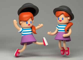 3d Bouncing and stumbling girl toy character. Little cute figure on a gray background with realistic  shadows