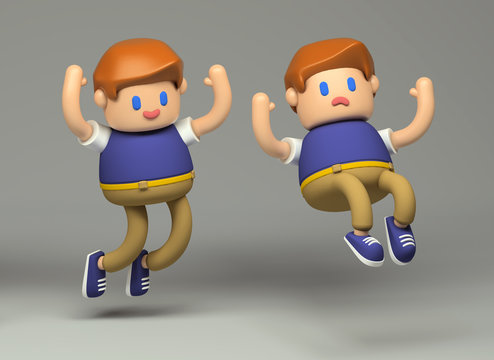 3d Bouncing and stumbling boy toy character. Little cute figure on a gray background  with realistic  shadows