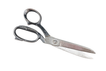 Old metal sewing scissors isolated on white background, saved path, ready for manipulation