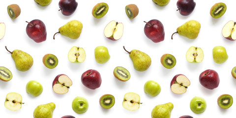Food texture. Seamless pattern of fresh  various fruits. Pears, red and green apples,  kiwi, isolated on white background, top view, flat layout.