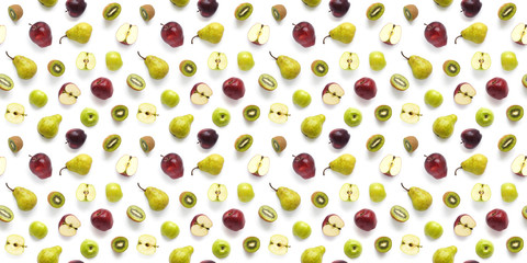 Food texture. Seamless pattern of fresh  various fruits. Pears, red and green apples, kiwi, isolated on white background, top view, flat layout.