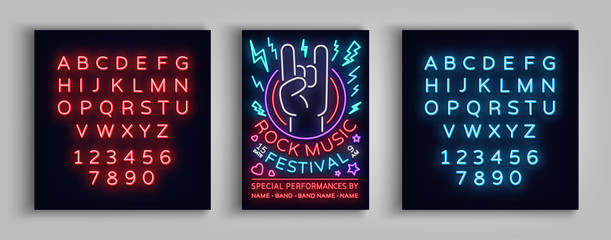 Rock festival poster in neon style. Neon sign, invitation to the concert brochure on roknroll music, bright banner, flyer for festivals, parties, concerts. Vector illustration. Editing text neon sign
