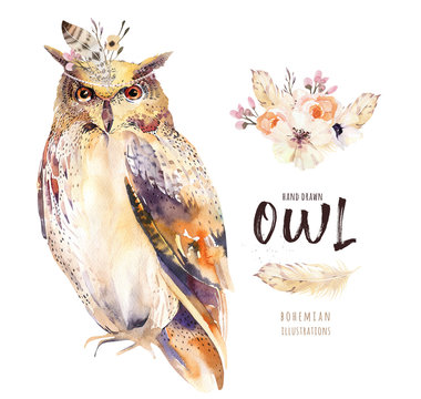 Watercolor owl with flowers and feather. Hand drawn isolated owls illustration with bird in boho style. Nursery printable poster design.