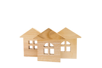 model of wooden houses on white background, isolate, concept of real estate