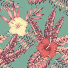 Wallpaper murals Hibiscus Hibiscus leaves vintage color tropical seamless pattern