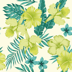 Hibiscus plumeria leaves blue lime color tropical seamless pattern