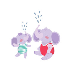 Father elephant and his son having fun together. Portrait of animal family. Happy cartoon characters. Flat vector design for greeting card or children s book