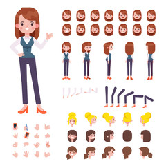 Fototapeta na wymiar Front, side, back view animated character. Manager character creation set with various views, hairstyles, face emotions, poses and gestures. Cartoon style, flat vector illustration.