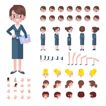 Young teacher character for your scenes. Flat Vector Character creation set with various views, hairstyles and poses. Parts of body template for design work and animation.