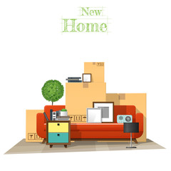 Moving home concept background with cardboard boxes and furniture in new living room , vector , illustration