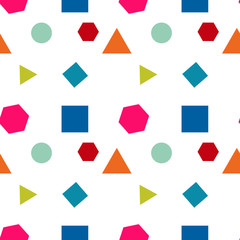 Seamless pattern with circles, square, triangle and Hexagon of fresh colors  on a white background. Vector repeating texture.