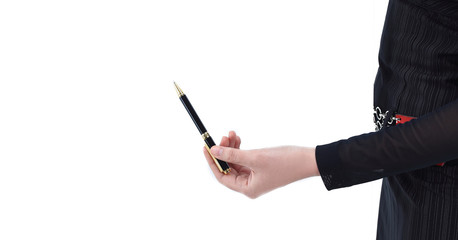 hand of business woman pointing with pen at a point on the blank screen