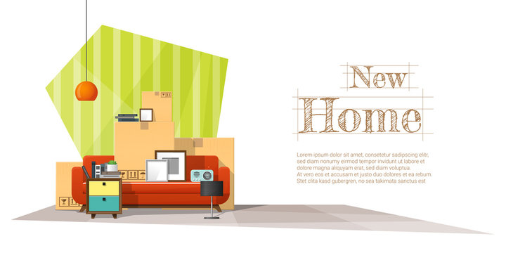 Moving home concept background with cardboard boxes and furniture in new living room , vector , illustration