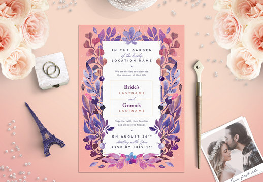 Pink and Purple Floral Border Wedding Invitation 1