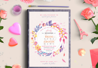 Purple and Yellow Floral Wreath Wedding Invitation 2 - Powered by Adobe