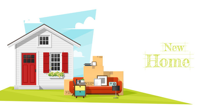 Moving home concept background with small house and furniture , vector , illustration