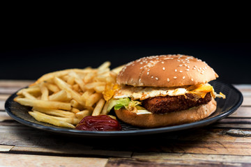American fish burger with Golden French fries