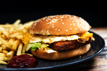 American fish burger with Golden French fries