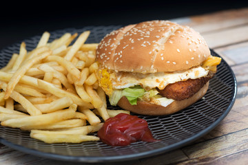 American fish burger with Golden French fries