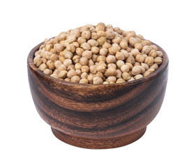 Chickpeas in wooden bowl isolated on white background.