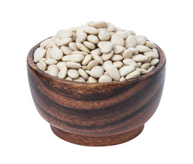 White kidney beans in wooden bowl isolated on white background