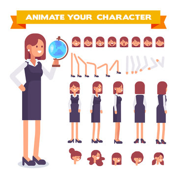 Front, side, back, 3/4 view animated character. Female teacher character constructor with various views, hairstyles, face emotions, poses. Cartoon style, flat vector illustration.