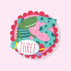 Card template for fun kids math game. Colorful round emblem with adorable crocodile and number 3. Flat vector for birthday postcard, children s education book or baby shower