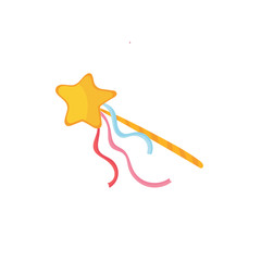 Golden wand with star and colored ribbons. Cartoon icon of stick with magical power. Princess accessory. Colorful flat vector design
