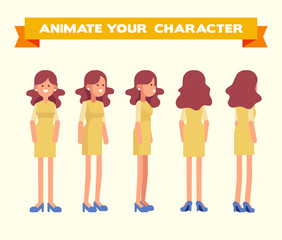Young  girl for animation. Front, side, back, 3/4 view. Separate parts of body. Cartoon style, flat vector illustration.