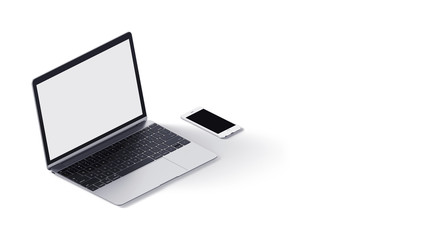 Perspective view of laptop with office tools. Workspace mock up. Isometric.
