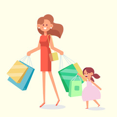 Happy family shopping - mother with daughter hold packages. Big sale. Flat Vector illustration, cartoon design.