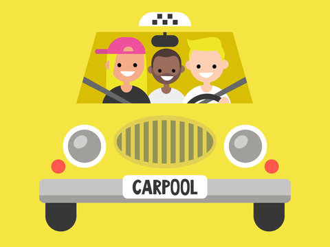 recommend clip art: Carpool. Taxi service. Driver and passengers / flat editable vector illustration, clip art