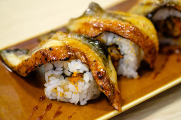 Unagi sushi rolls on plate,Japanes style