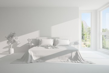 Inspiration of white minimalist  bedroom with summer landscape in window. Scandinavian interior design. 3D illustration